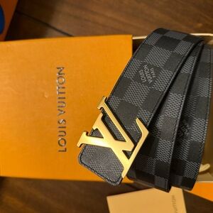 Louis Vuitton Black & Gray Damier Belt with Gold LV Buckle